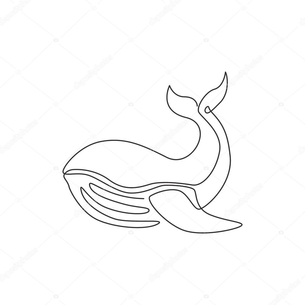 One continuous line drawing of giant whale for water aquatic park logo identity. Big ocean mammal animal mascot concept for environment organization. Trendy single line draw vector design illustration