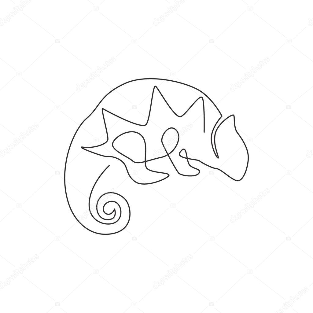 One continuous line drawing of exotic chameleon with spiral tail mascot concept for conservation national park. Rare reptile animal for company logo identity. Continuous line draw design illustration