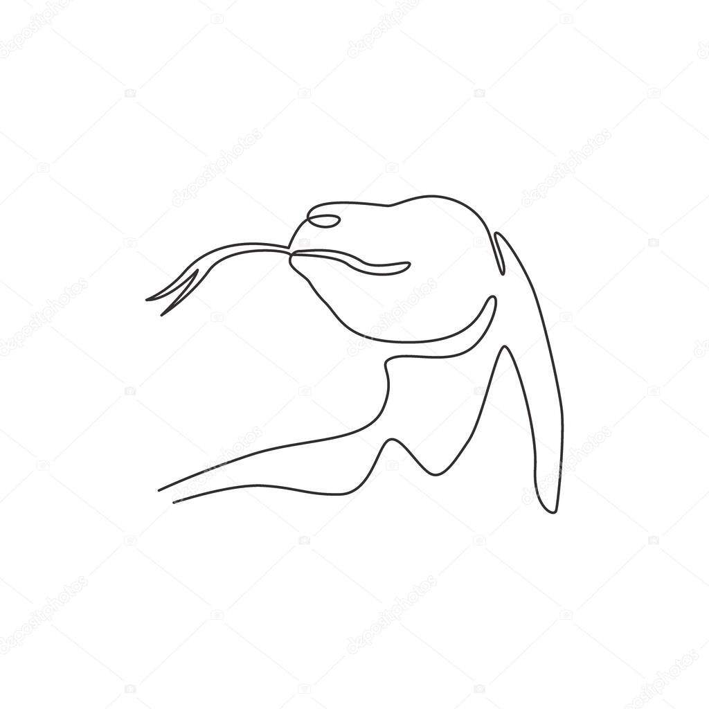 Single continuous line drawing of komodo dragon head for adventure organization logo identity. Wild protected animal mascot concept for conservation national park. One line draw design illustration