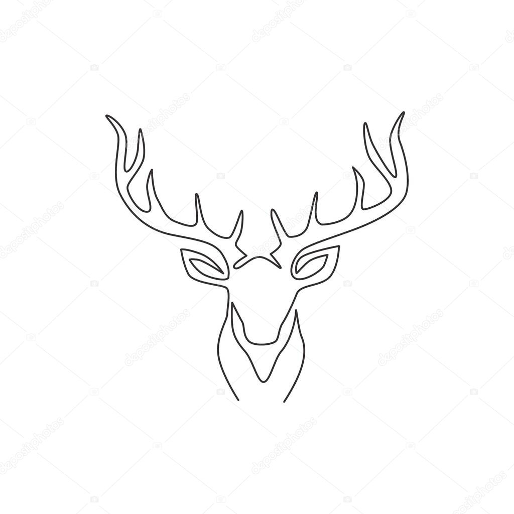 One single line drawing of adorable head deer for company logo identity. Cute reindeer mammal animal mascot concept for public zoo. Trendy continuous line draw vector graphic design illustration