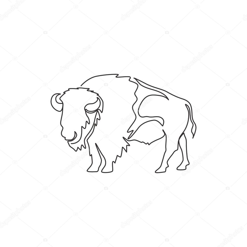 One continuous line drawing of strong north american bison for conservation forest logo identity. Big bull mascot concept for national park. Dynamic one line draw design illustration vector graphic