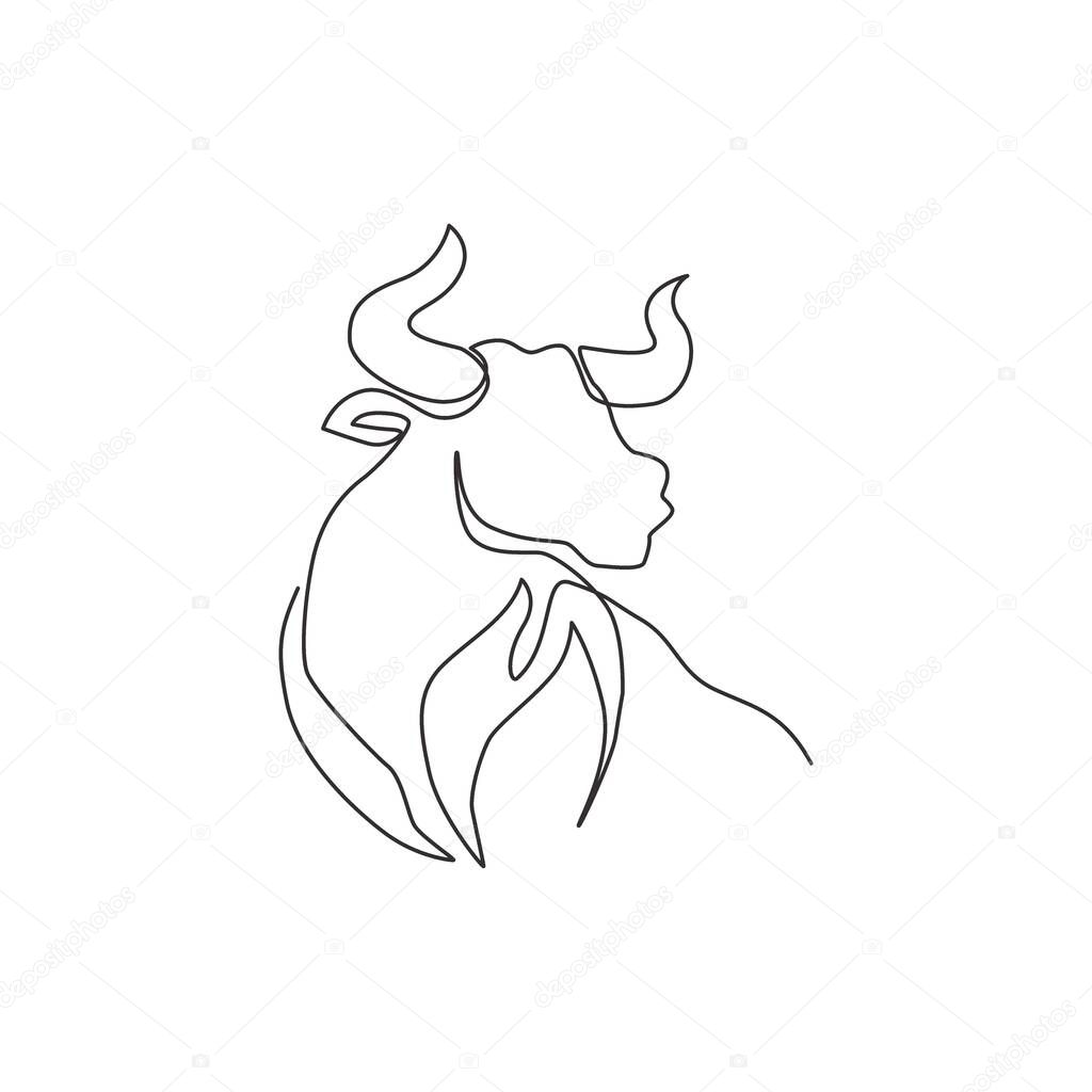 Single continuous line drawing of elegance head buffalo for multinational company logo identity. Luxury bull mascot concept for matador show. Modern one line draw design illustration vector graphic