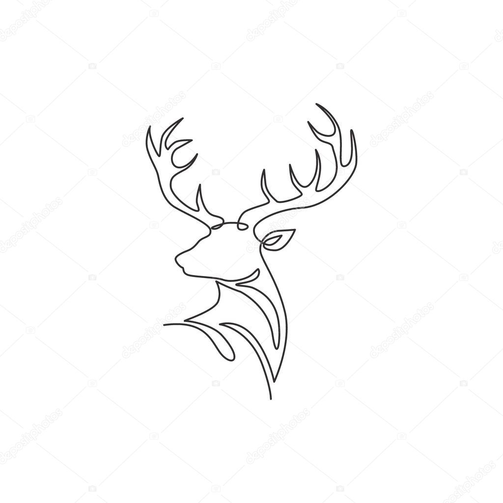 Single continuous line drawing of elegance head deer for national zoo logo identity. Luxury buck mascot concept for animal hunting club. Dynamic one line draw graphic vector design illustration