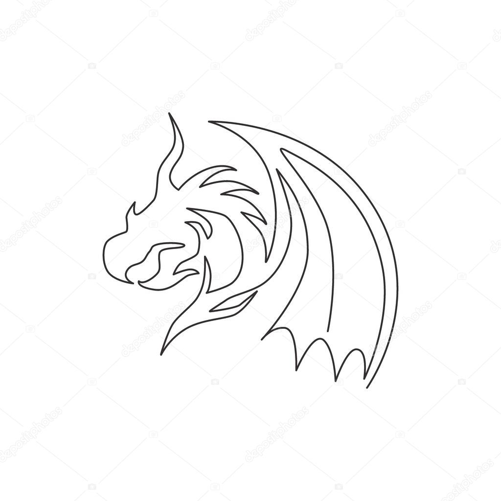 Single continuous line drawing of fictional monsters dragon for chinese traditional logo identity. Magical legend creature mascot concept for martial art association. One line draw design illustration