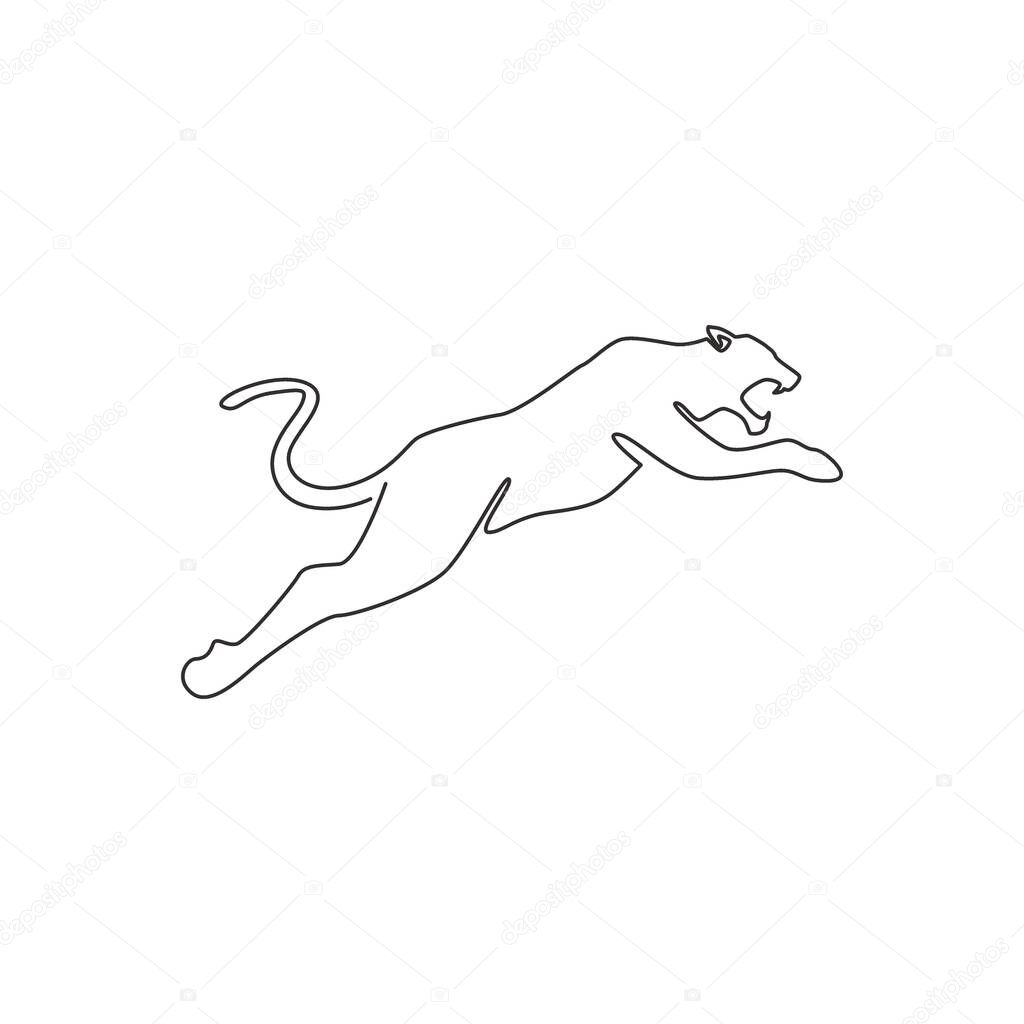 One continuous line drawing of wild leopard for multinational company logo identity. Strong cheetah mammal animal mascot concept for national safari zoo. Single line draw vector design illustration