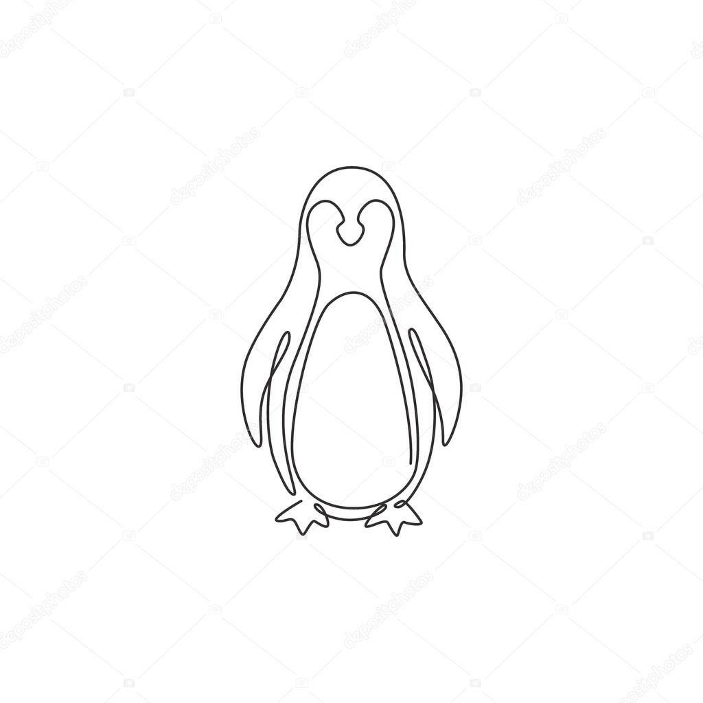One continuous line drawing of funny penguin for kids toy company logo identity. South pole bird mascot concept for conservation national park. Single line graphic draw vector design illustration