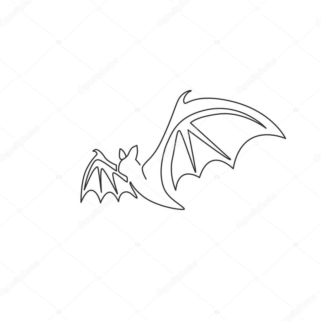 One continuous line drawing of scary bat for ghost house logo identity. Evil mammal animal mascot concept for horror symbol. Trendy single line draw design illustration graphic vector