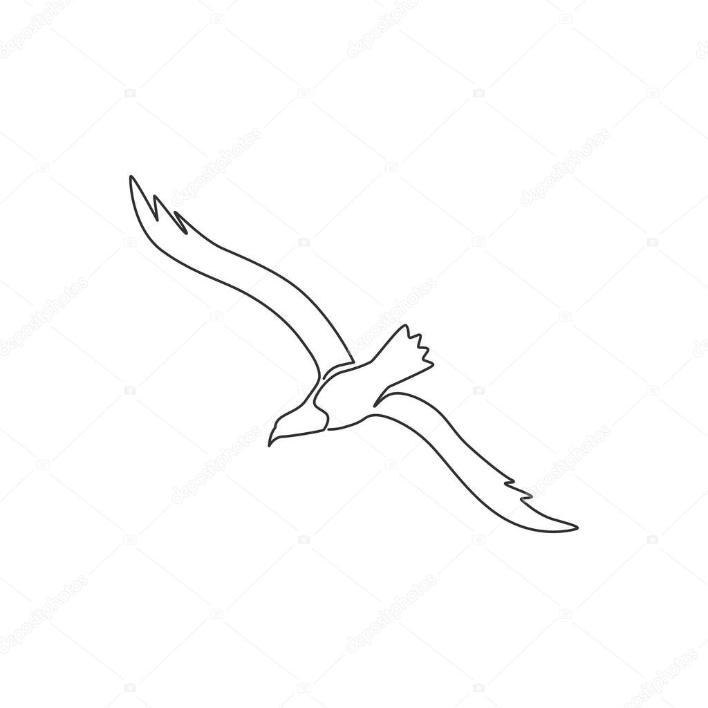 One continuous line drawing of beauty seagull for marine company logo identity. Beautiful flying bird mascot concept for cargo ship symbol. Modern single line vector graphic draw design illustration