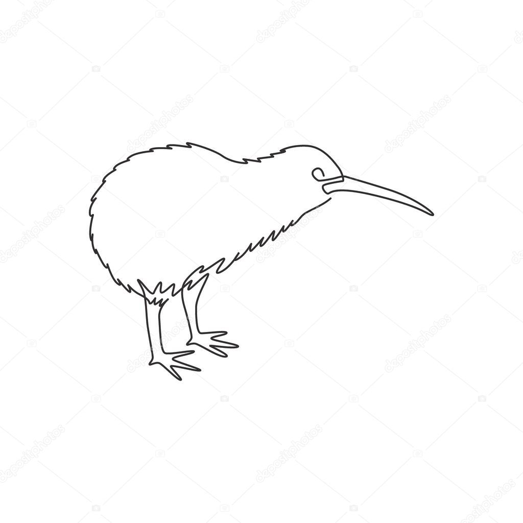 One continuous line drawing of little kiwi bird for city zoo identity. Kiwi mascot concept for typical New Zealand animal. Dynamic single line draw graphic vector design illustration