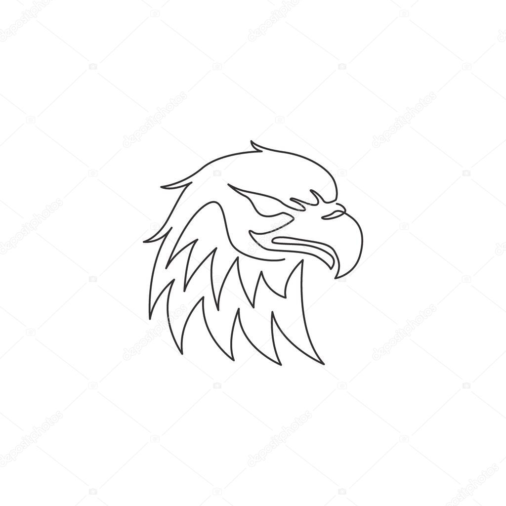 One continuous line drawing of strong eagle head for delivery service logo identity. Hawk mascot concept for bird conservative park icon. Trendy single line draw design vector graphic illustration