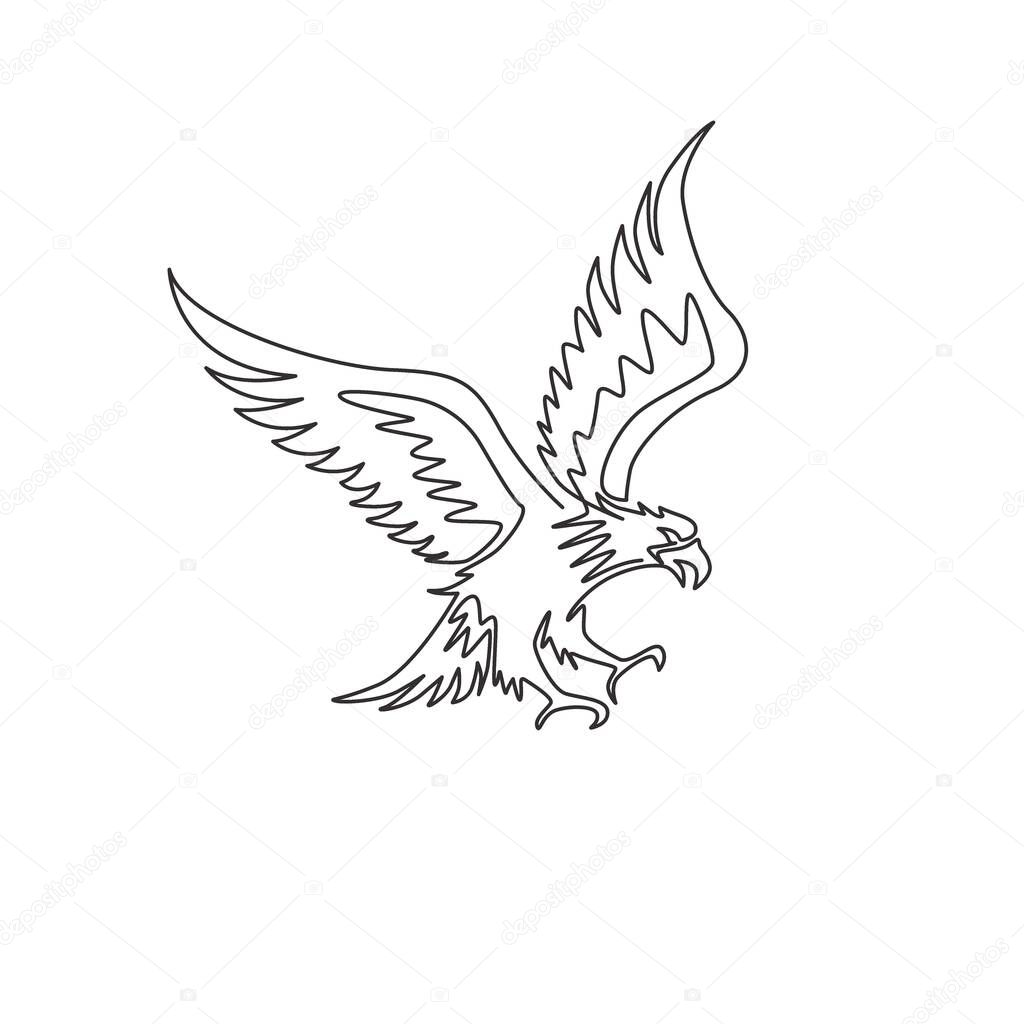 One continuous line drawing of strong eagle for delivery service logo identity. Hawk mascot concept for bird conservative park icon. Modern single line draw vector graphic design illustration