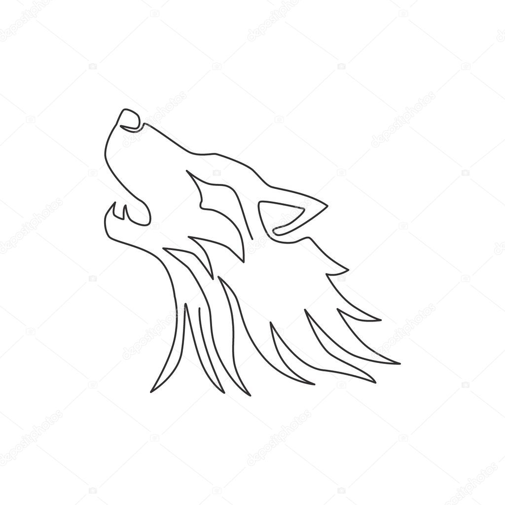 One continuous line drawing of dangerous wolf head for business logo identity. Wolves mascot emblem concept for conservation park icon. Trendy single line draw design vector graphic illustration