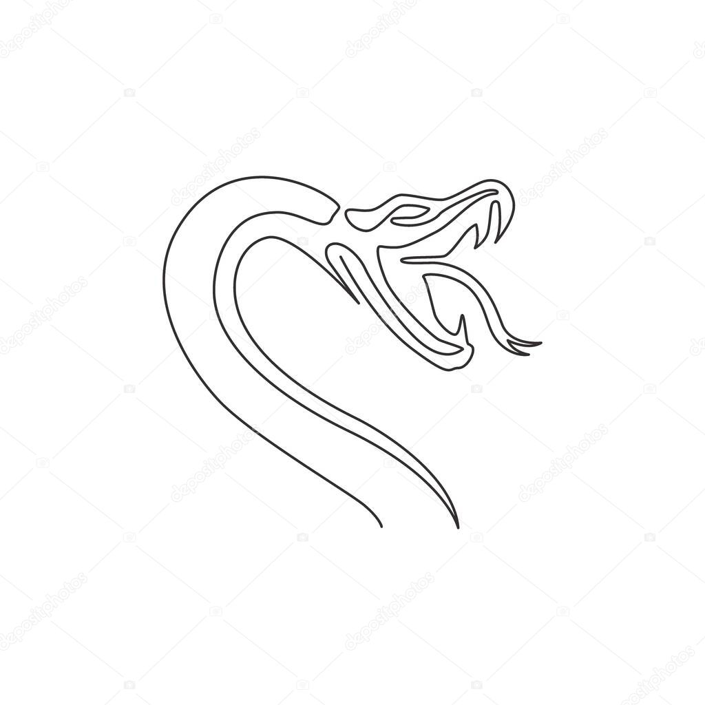 One continuous line drawing of venomous snake for reptile animal lover club logo. Deadly king cobra mascot concept for dangerous snake lover group icon. Single line draw design vector illustration