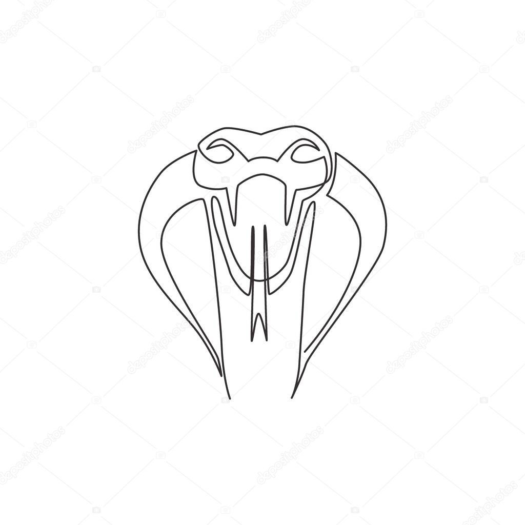 Single continuous line drawing of venomous snake for business logo identity. Deadly scary king cobra mascot concept for company brand icon. Dynamic one line draw design vector graphic illustration