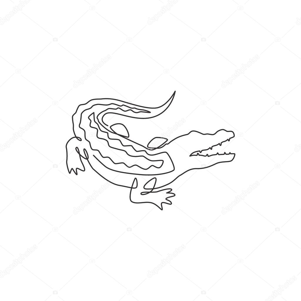Single continuous line drawing of wild rough alligator with mouth opened for logo identity. Crocodile reptile concept for conservation park icon. Dynamic one line draw design vector illustration