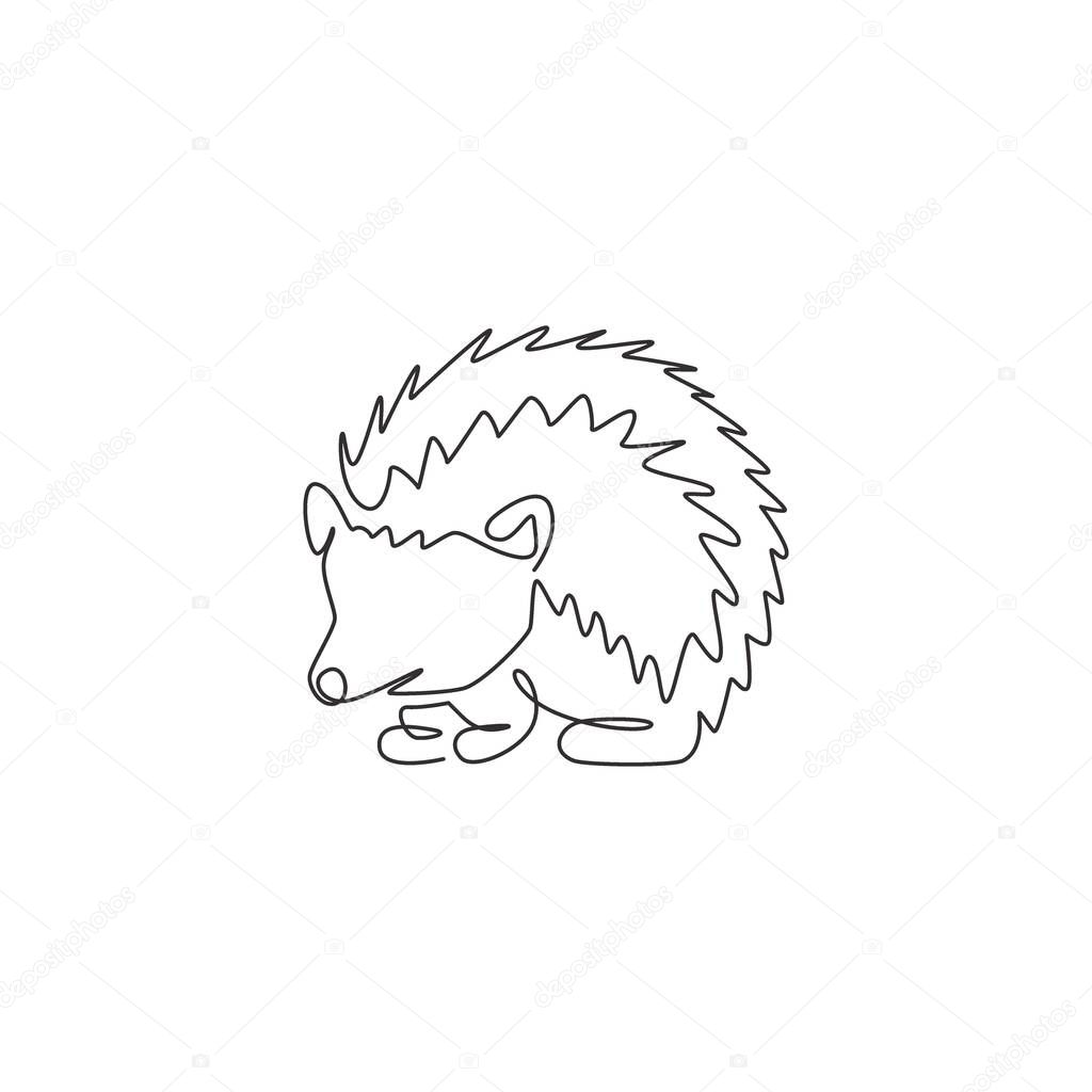 One continuous line drawing of cute little hedgehog for logo identity. Mini funny spiky rodent animal concept for national zoo icon. Dynamic single line graphic draw design vector illustration