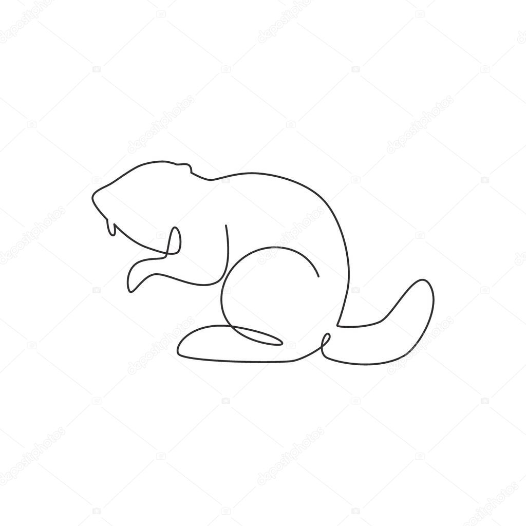 One single line drawing of funny standing beaver for logo identity. Cute adorable rodent animal mascot concept for pet lover club icon. Modern continuous line draw graphic design vector illustration