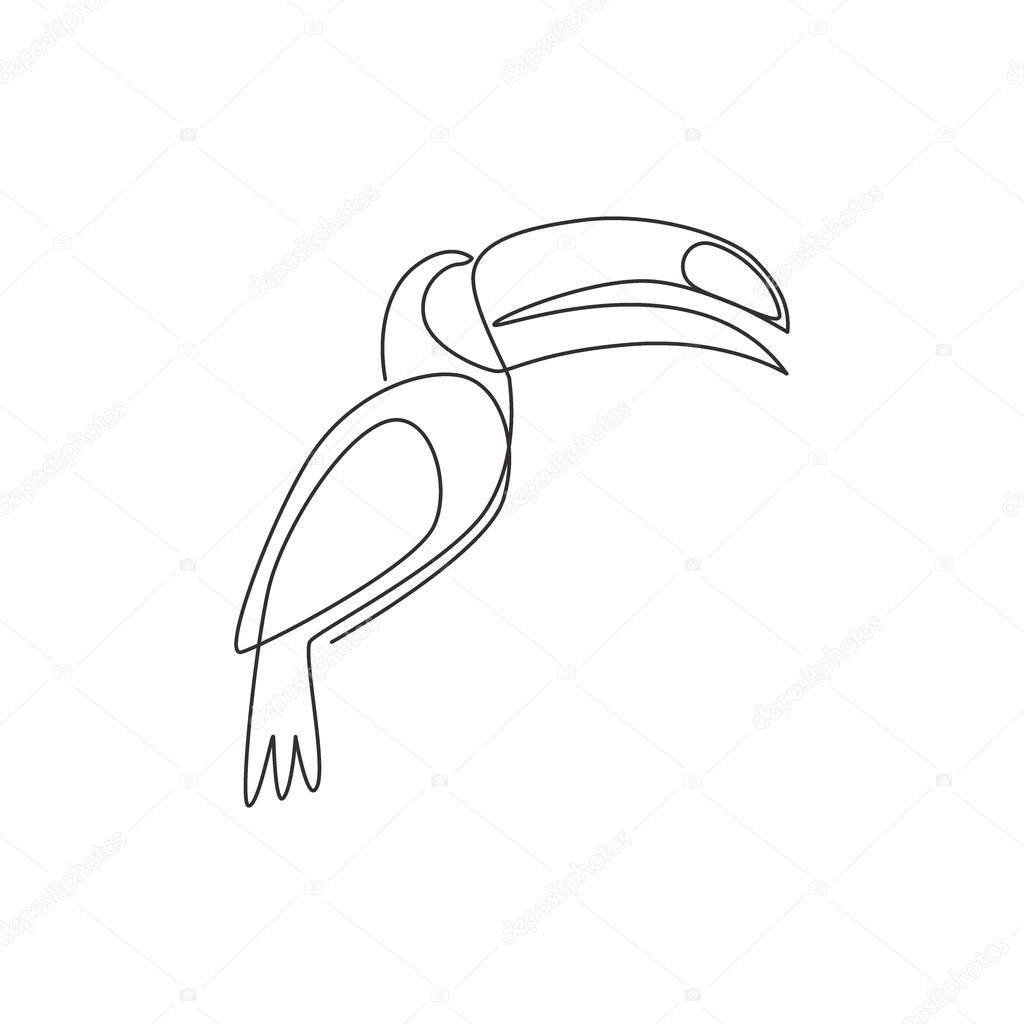 One continuous line drawing of cute toucan bird with big beak for logo identity. Exotic animal mascot concept for national conservation park icon. Single line draw graphic design vector illustration