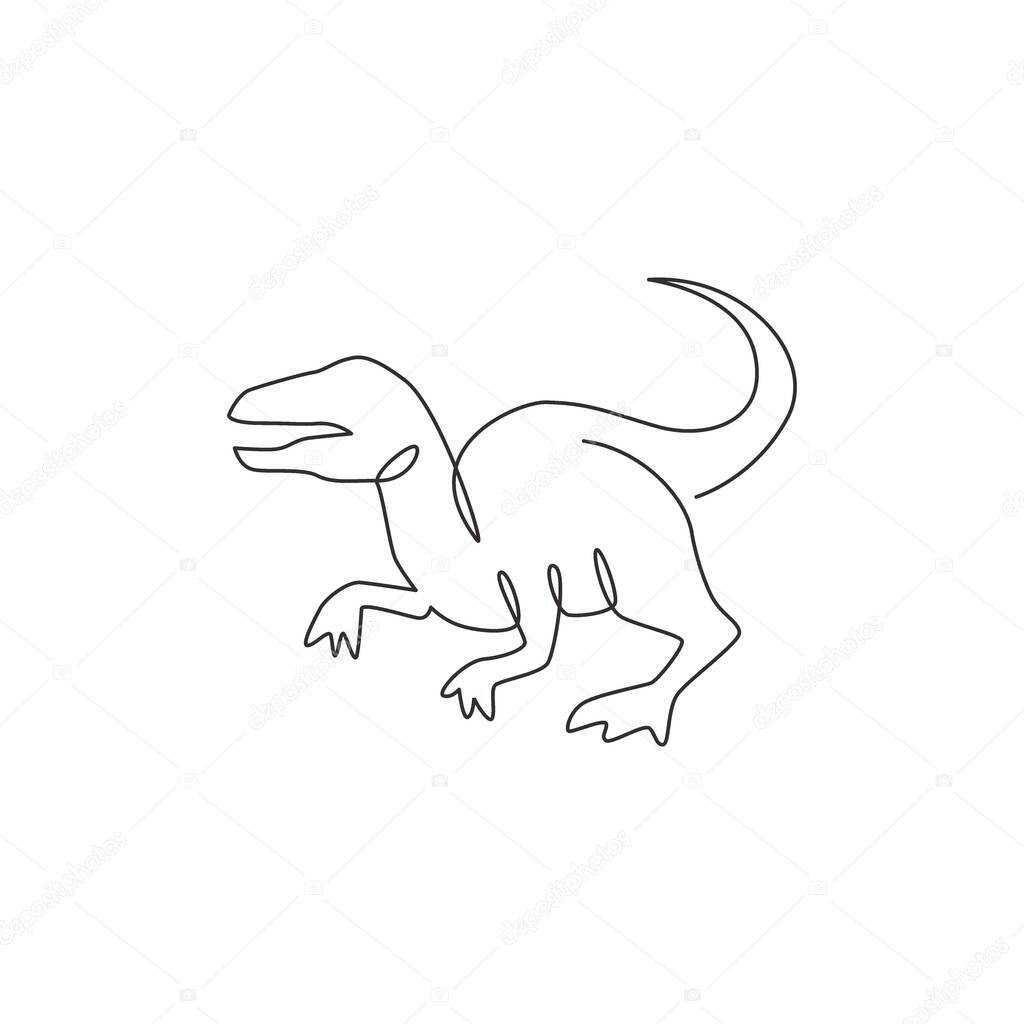 One continuous line drawing of aggressive predator velociraptor animal for logo identity. Raptor rex mascot concept for prehistoric museum icon. Single line draw design vector graphic illustration