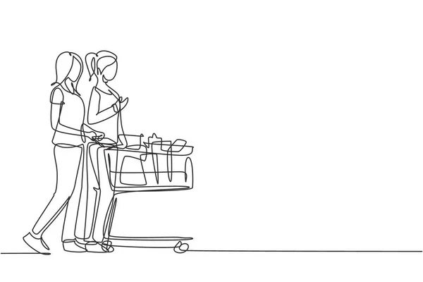 1つの連続ラインは2人の若い美幸せな女性のショッピングを描き 毎日の有機製品を購入するスーパーマーケットで一緒にトロリーを押す ショッピングコンセプト 一本描きイラスト — ストックベクタ