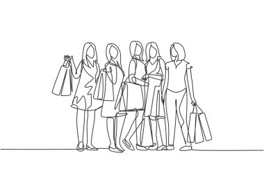 Tek sıra halinde, alışveriş elbisesi, makyaj ve kozmetik ürünlerini bir arada tutan mutlu, güzel bir kadın çiziyor. Alışveriş konsepti. Bir çizgi çizimi vektör grafik tasarımı illüstrasyonu