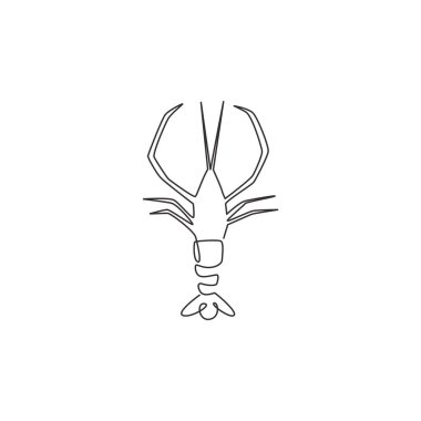 Deniz ürünleri şirketinin logosu için taze karides çizimi. Çiftçilik ikonu için büyük karides maskotu konsepti. Devamlı çizgi çizimi tasarım vektör çizimi grafiği