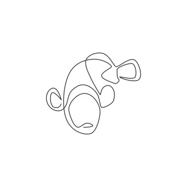 One single line drawing of cute clown fish for aquarium tank logo identity. Anemone fish mascot concept for under sea world icon. Continuous line draw design vector graphic illustration clipart