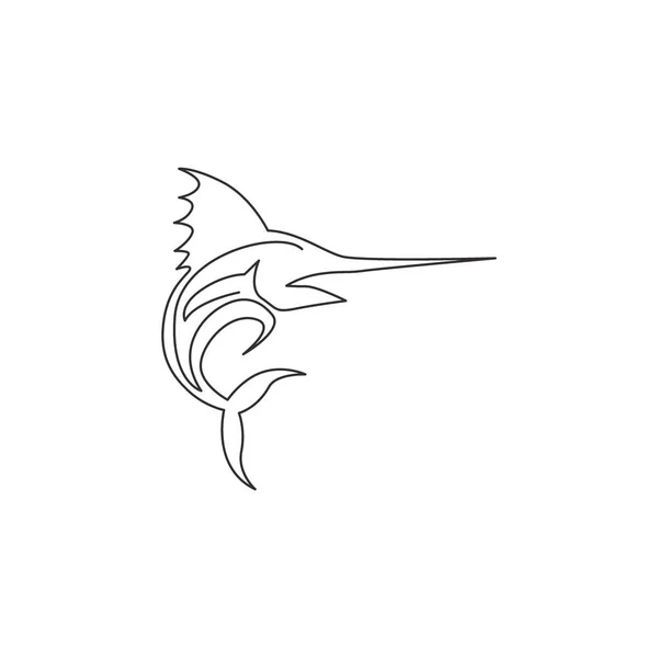 大型马林鱼的单行连续画线标识 跳箭鱼吉祥物的概念渔业锦标赛图标 单行绘图图形设计矢量插图 — 图库矢量图片
