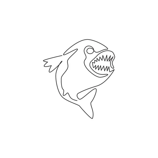 One Single Line Drawing Angry Piranha Logo Identity Amazon River — Stock Vector