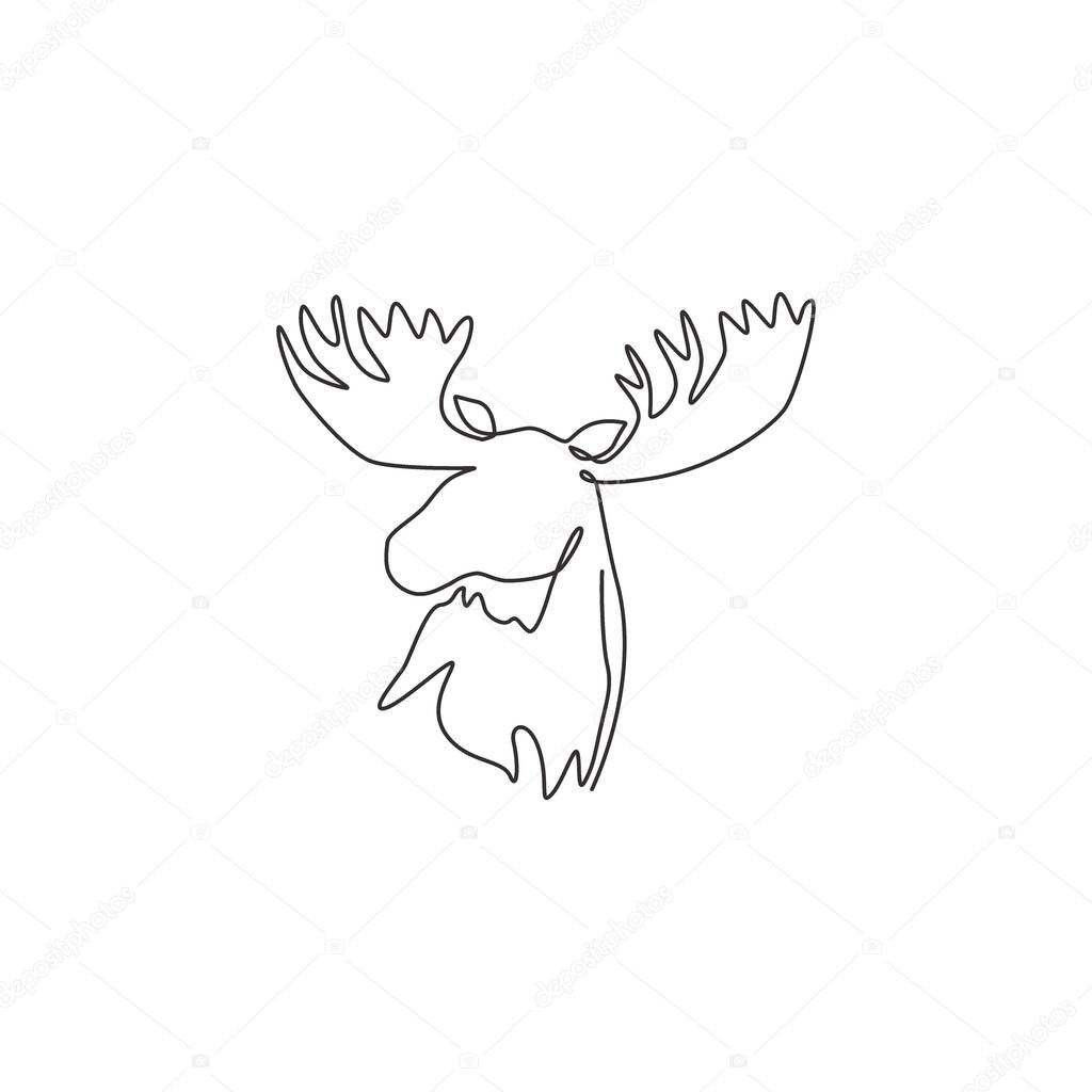 One continuous line drawing of gallant moose head for zoo logo identity. mascot concept for national conservation park icon. Single line draw graphic design vector illustration