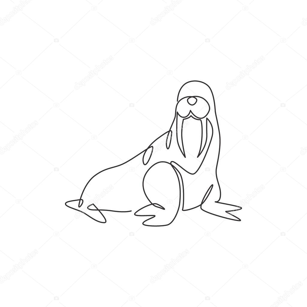 One continuous line drawing of giant walrus for marine company logo identity. Odobenus rosmarus mascot concept for national conservation park icon. Modern single line draw design vector illustration