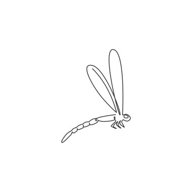 Logo kimliği için yusufçuk yusufçukların sürekli çizdiği bir çizgi. Böcek sevenler kulübü ikonu için Anisoptera hayvan maskotu konsepti. Modern tek çizgi çizimi tasarım vektör çizimi