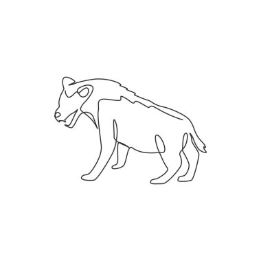 Şirket logosu kimliği için tek bir vahşi sırtlan çizimi. Safari parkı ikonu için etobur hayvan maskotu konsepti. Modern bir çizgi çizimi tasarım vektörü grafik çizimi
