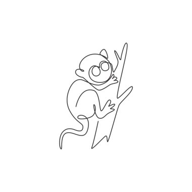 Single continuous line drawing of adorable tarsier for company logo identity. Tiny monkey animal mascot concept for national conservation park icon. Modern one line draw design vector illustration clipart