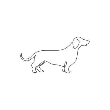 Logo kimliği için aralıksız sevimli bir dachshund köpeği çizimi. Safkan köpek maskotu konsepti soyağacı dostu hayvan ikonu için. Modern tek çizgi çizimi tasarım vektör grafik çizimi