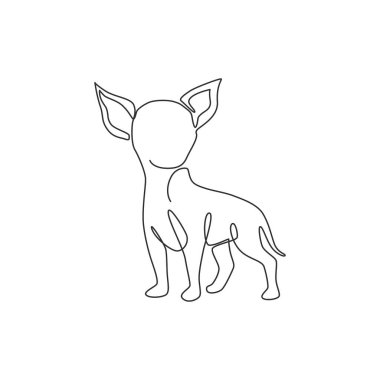 Şirin bir chihuahua köpeğinin logo kimliği için sürekli çizdiği tek çizgi. Safkan köpek maskotu konsepti soyağacı dostu hayvan ikonu için. Modern bir çizim çizimi grafik vektör çizimi