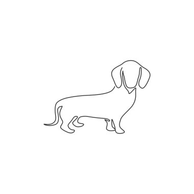Logo kimliği için komik bir dachshund köpeği çizimi. Safkan köpek maskotu konsepti soyağacı dostu hayvan ikonu için. Modern sürekli tek çizgi çizim grafik vektör çizimi
