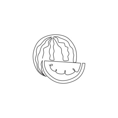 Tek çizgi halinde dilimlenmiş ve meyve bahçesi logosu kimliği için sağlıklı organik karpuz. Meyve bahçesi ikonu için taze meyve konsepti. Modern sürekli çizgi çizimi tasarım vektörü illüstrasyonu