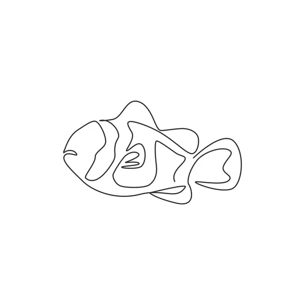 海の水族館のロゴのアイデンティティのための愛らしいピエロ魚の1つの連続線画 水生ショーのアイコンのための画期的なマスコットの概念を破った 現代の単線描画ベクトルイラスト — ストックベクタ