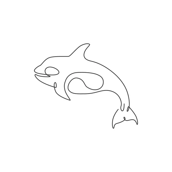 会社のロゴのアイデンティティのための大きなかわいいオルカの一本の線画 国立水生動物園のアイコンのためのオルシヌスクジラマスコットの概念 現代の連続線画ベクトル図 — ストックベクタ