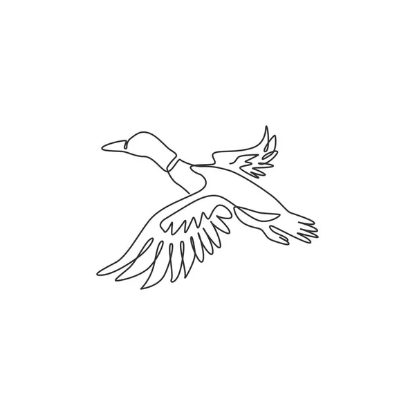 会社のロゴのアイデンティティのための愛らしい飛行マガモの一本の線画 動物飼育のアイコンのための美しいアヒルのマスコットコンセプト 現代の連続線画デザイングラフィックベクトルイラスト — ストックベクタ