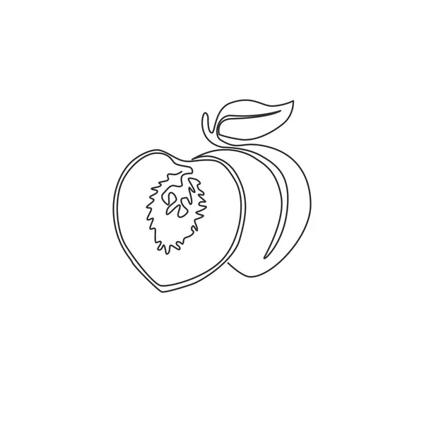 Одна Лінія Зображує Цілий Нарізаний Здоровий Органічний Персик Логотипу Саду — стоковий вектор