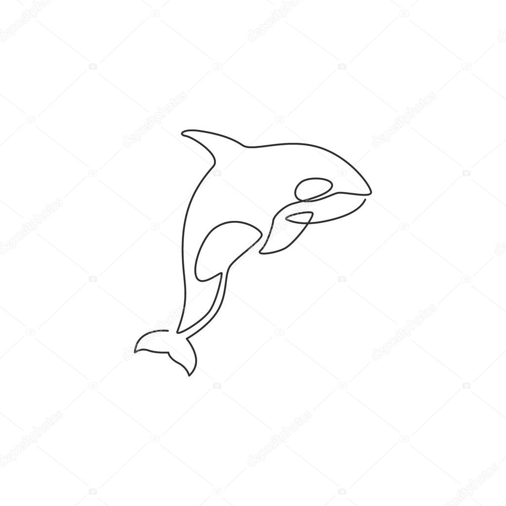 Single continuous line drawing of big adorable orca for company logo identity. Endangered whale mascot concept for national fish conservation icon. Modern one line draw design vector illustration