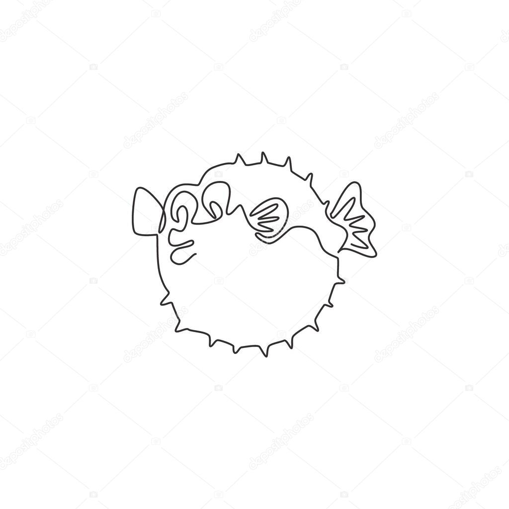 One continuous line drawing of cute pufferfish for aquatic logo identity. Balloon fish mascot concept for fresh seafood icon. Modern single line draw design vector illustration