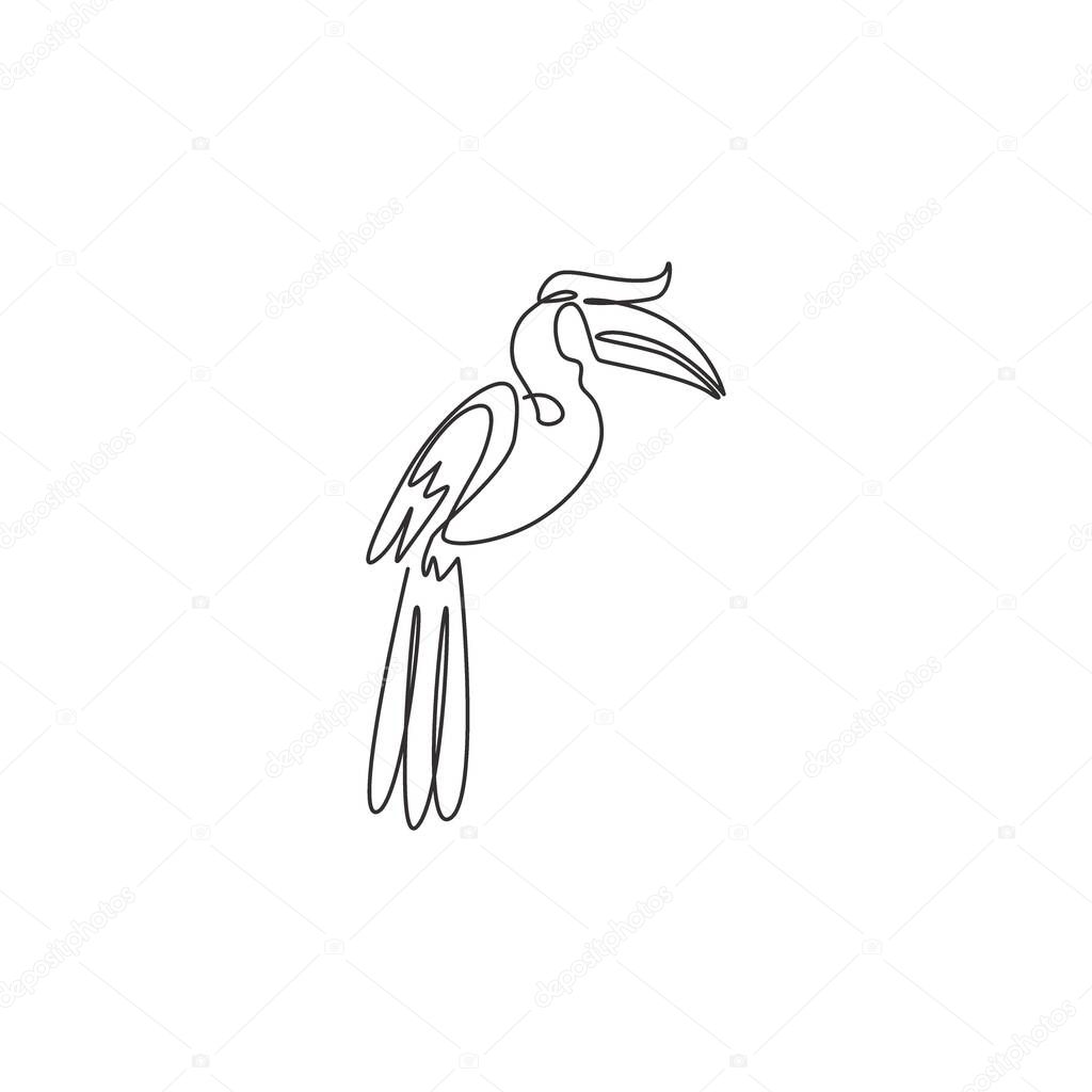 One continuous line drawing of cute great hornbill for company logo identity. Large beak bird mascot concept for national conservation park icon. Modern single line draw design vector illustration