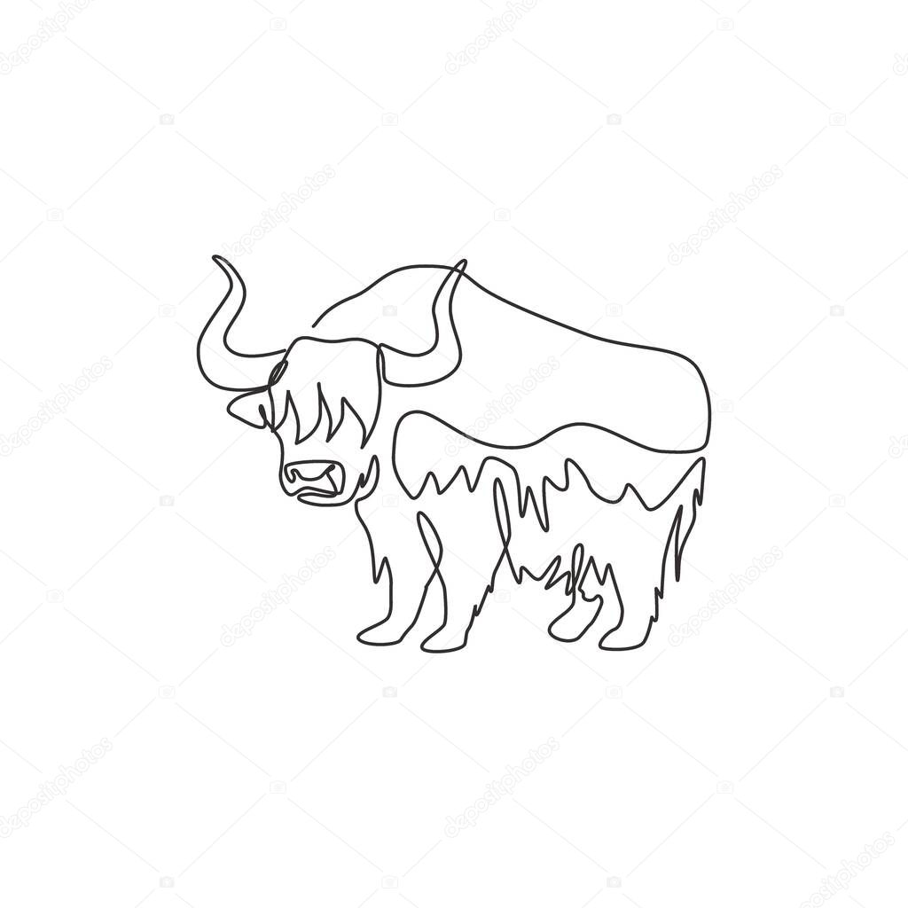 Single continuous line drawing of gallant yak for logo identity. Long haired domesticated bovid mascot concept for national conservation park icon. Modern one line draw design vector illustration