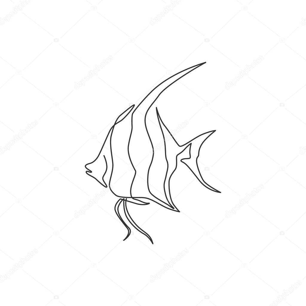 Single continuous line drawing of adorable freshwater angelfish for company logo identity. Cute pterophyllum fish mascot concept for aquarium show icon. Modern one line draw design vector illustration