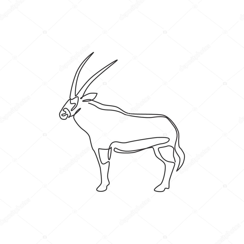 One continuous line drawing of stout oryx for company logo identity. Large African antelope mammal animal mascot concept for safari park icon. Modern single line draw design vector illustration
