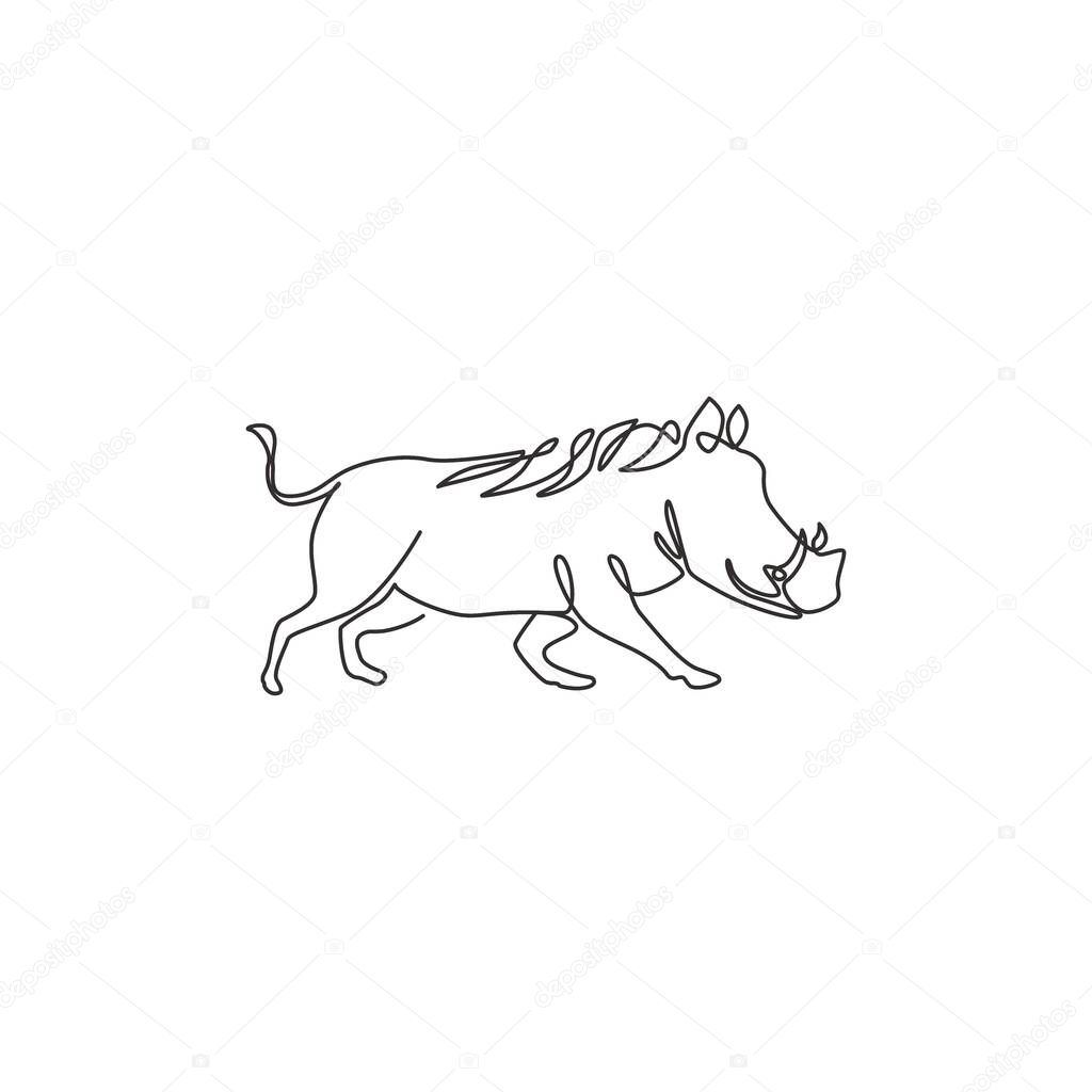 Single continuous line drawing of wild common warthog for company logo identity. Saharan Africa pig mascot concept for national conservation park icon. Modern one line draw design vector illustration