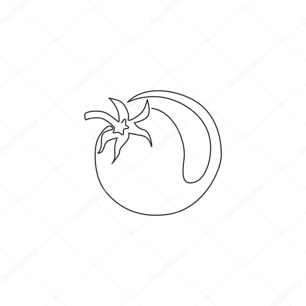 Single one line drawing whole healthy organic tomato for farming logo identity. Fresh tropical vegetable concept for vegie garden icon. Modern continuous line draw design graphic vector illustration